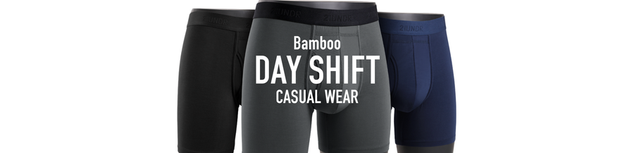 2UNDR Day Shift underwear in three styles displayed with Day Shift text overlay.