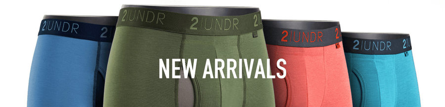2UNDR New Arrivals collection featuring Swing Shift trunks in blue, olive, coral and teal with 2UNDR waistbands.